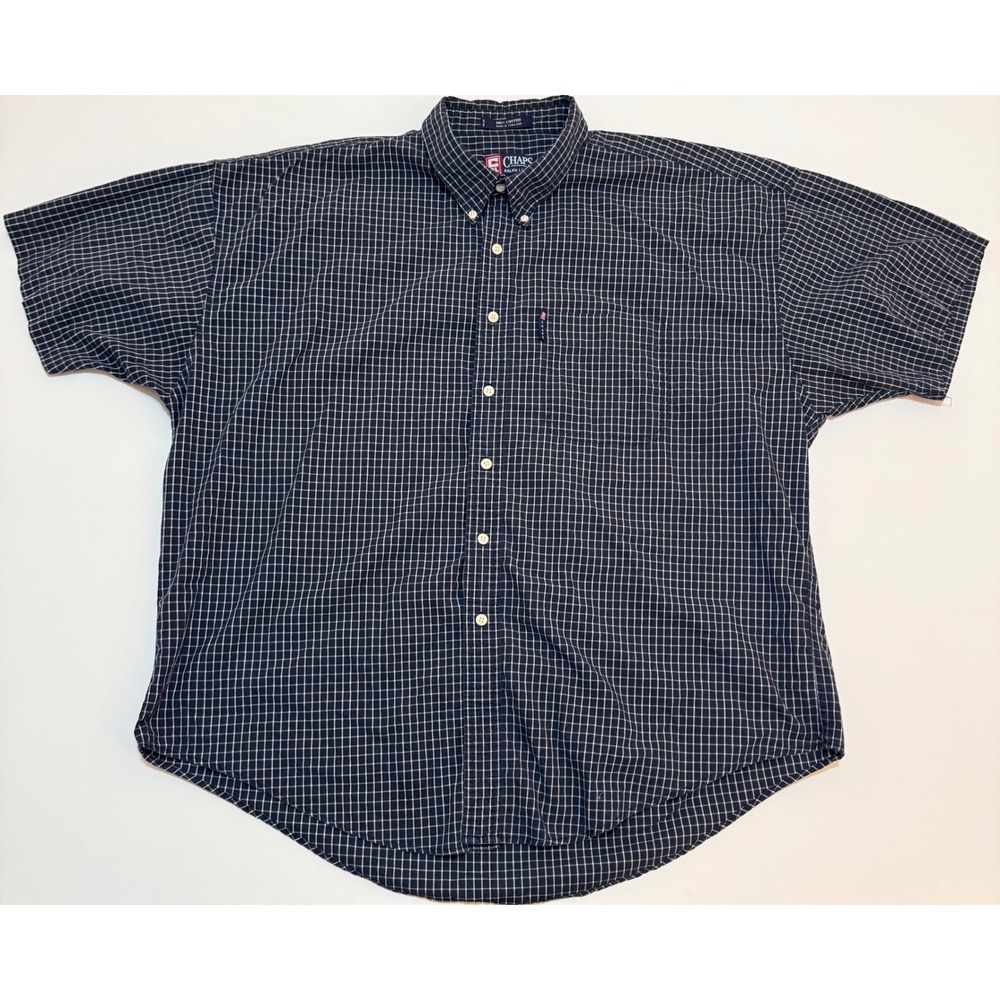 Chaps Ralph Lauren Mens XXL Navy Blue White Grid Check Short Sleeve Button Shirt
